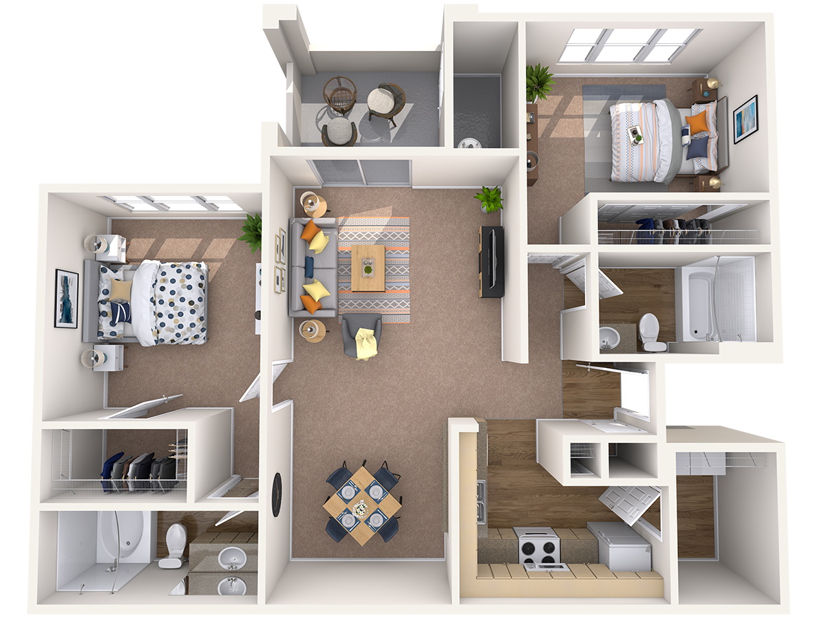Floor plan for 2 beds, 2 baths, 1022 sqft
